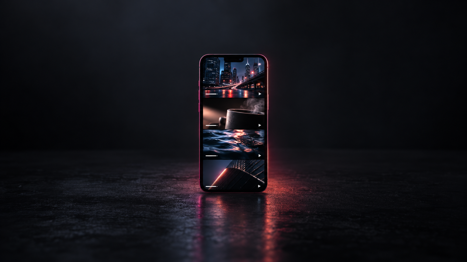 Phone on a dark surface showing a feed of short-form videos